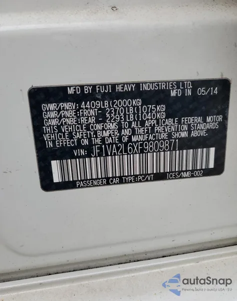 2015 Subaru Wrx Sti из США, поврежденный, VIN JF1VA2L6XF9809871